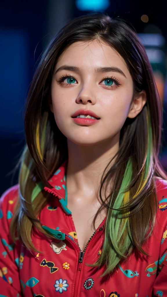 white 20yo female, blue eyes, ((yellow-blue-pink)) mix multicolor hair, (((surprised face))), ((perfect expression green eyes)), medium-short hairstyle, wearing pastel colorstyle cropped tshirt with stylish printed jacket, large-breasted, take standing kawaii portrait, multicolor wall background, realistic shadow, starring at camera, rembrant ((colorful theme)), eos 5D mark iv with 50mm, ultra highres photography, 8k wallpaper, soft rim light, ((masterpiece, photorealistic, best quality, hyperdetailed:1.2)), pulling shirt, deep cleavage