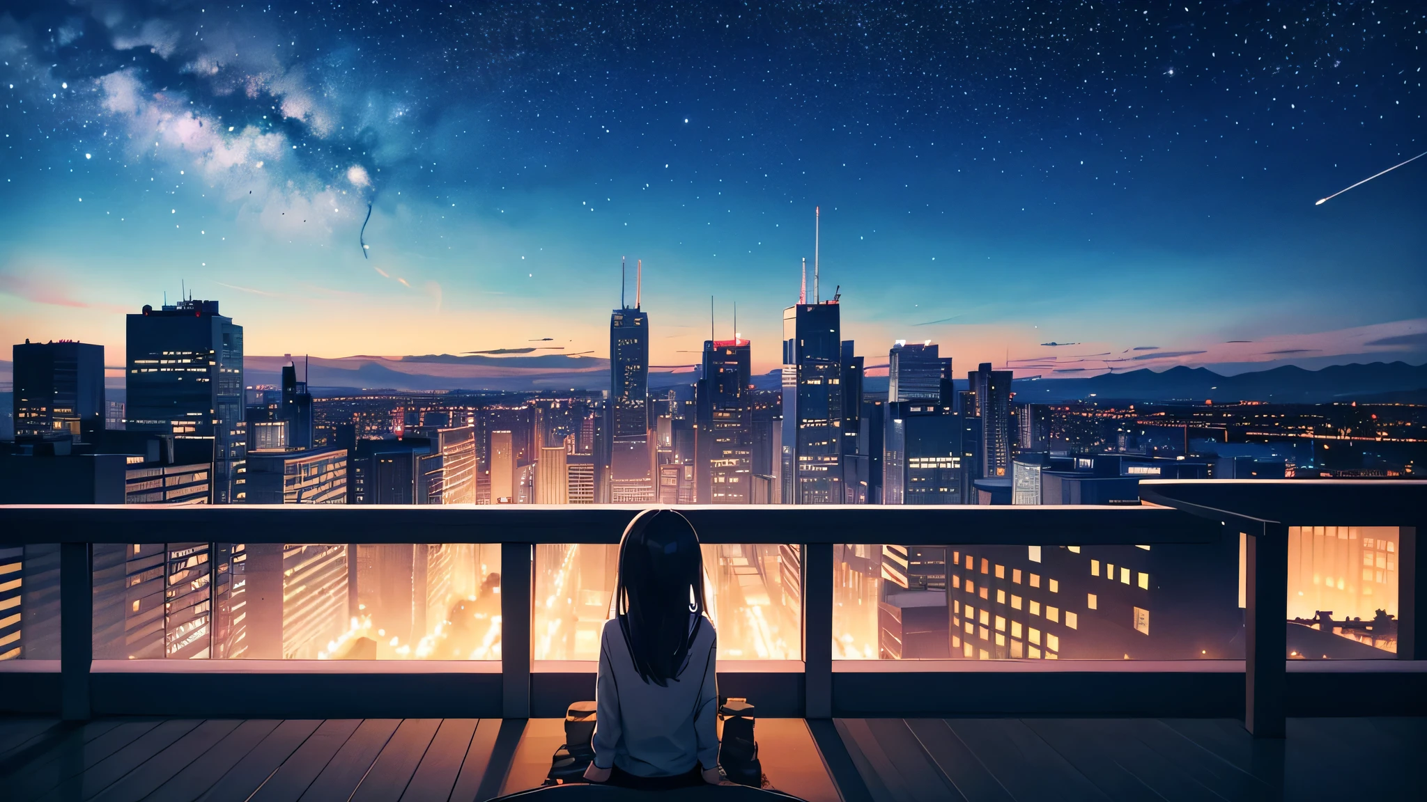 Octane, null, star (null), scenery, starry null, night, One girl, night null, alone, Outdoor, building, cloud, milky way, Sitting, wood, Long Hair, city, cityscape, Highest quality, 8K,lofi