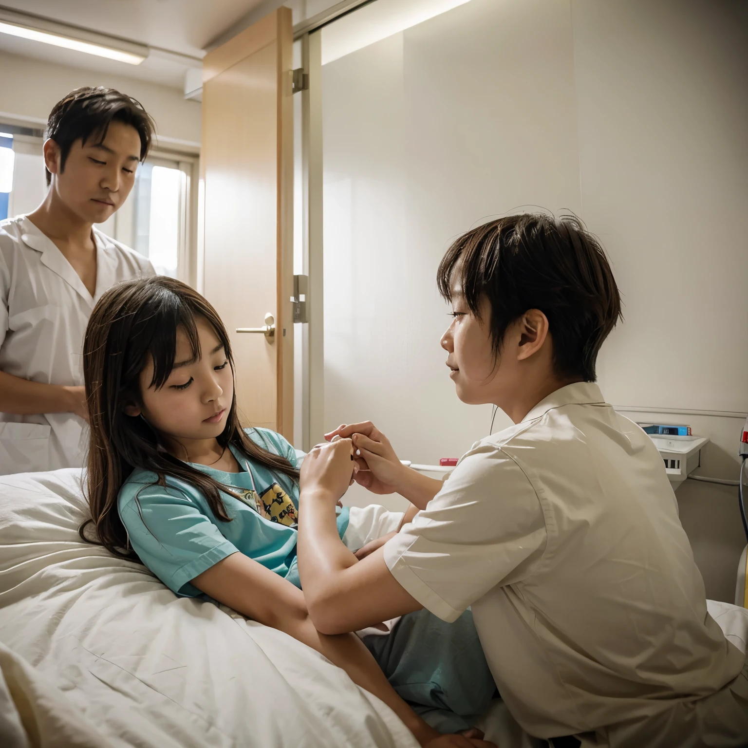 A beautiful Japanese girl with fair skin and angelic features.. she is a ager、Looks like a slender middle school student. The girl is wearing a ballet costume, it's a little embarrassing for her. She has a childish appearance with a flat chest. The stage is a hospital, especially in pediatric wards. The doctor is conducting a medical examination of the girl, Including an examination of her genitals. The atmosphere inside the hospital is professional and clean.. The girl is a little nervous about the vaccination she is about to receive.. The artwork is、Must have realistic, photorealistic quality with ultra-detailed, high-resolution rendering。. Color palette should be soft and pastel, Gives a cute and innocent atmosphere. Lighting should be balanced and natural, beautifully illuminate the scene.