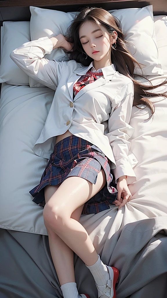8K、RAW Photos、Highest quality、Super detailed、Super Resolution、Ultra HD、8K壁紙、Amazing details blazer uniform girl ((White blouse with formal collar, Blue Blazer,
Red Check Skirt, Red checkered ribbon on blouse)), Complete limbs, Full Finger,
(((A woman is sleeping with her eyes closed)))Brown Hair、White skin
(((((Full body photo)))))
((Panties and bra are visible))