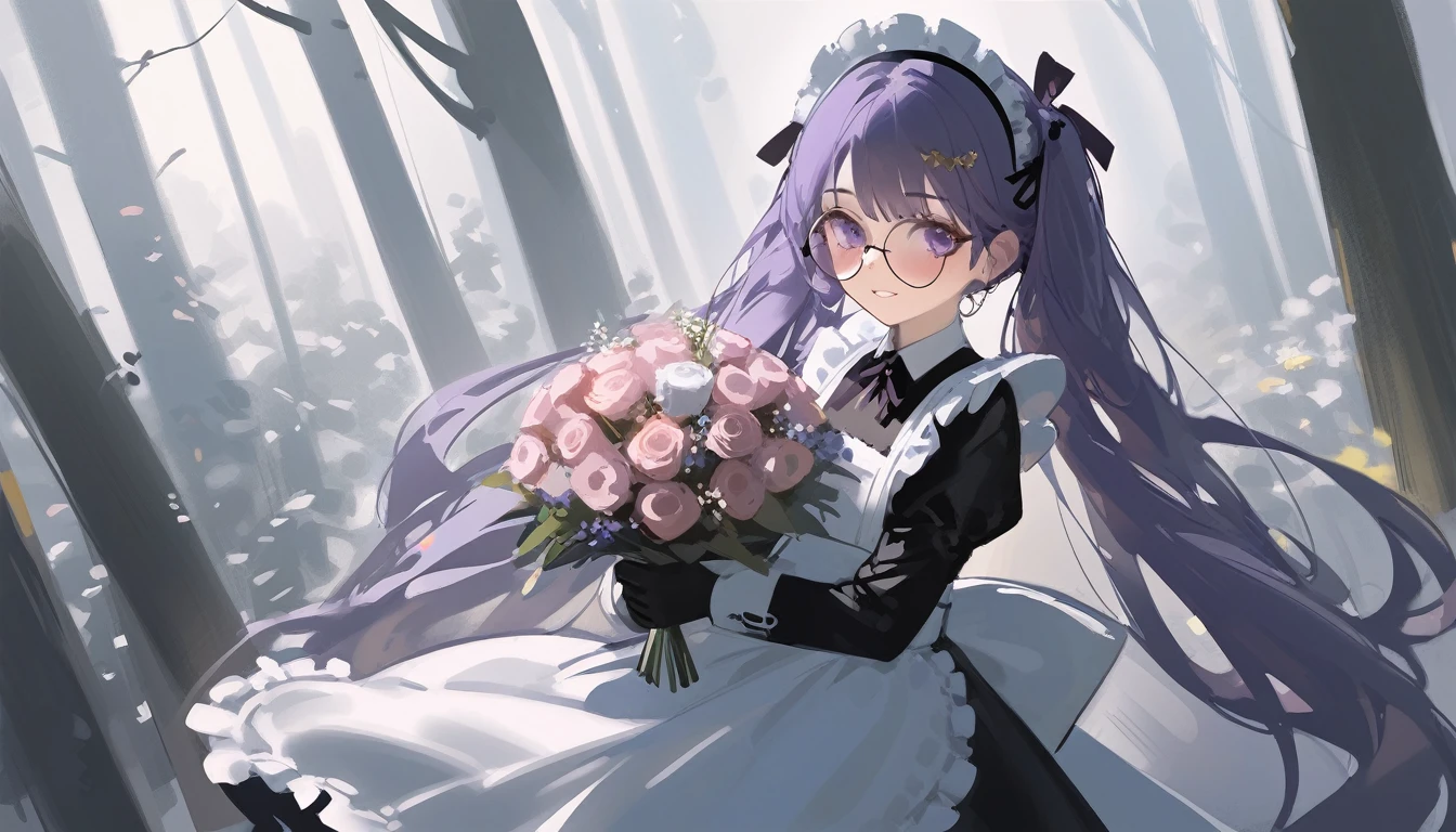 Ciloranko, wlop, 1girl, 独奏, flower, bouquet, purple eyes, maid headdress, looking at viewer, maid, apron, full body, long hair, twintails, holding, white background, long sleeves, holding bouquet, dress, bow, juliet sleeves, puffy sleeves, blush, Spring Flowering Forest, parted lips, frills, ribbon, two side up, hair bow, maid apron one girl, super high quality, Super Detail, Super Detailed image, long hair, looking at viewer, skirt, shirt, hair ornament, violet eyes,black gloves, round glasses, long sleeves,violet hair, round glasses, Flat Chest, smile