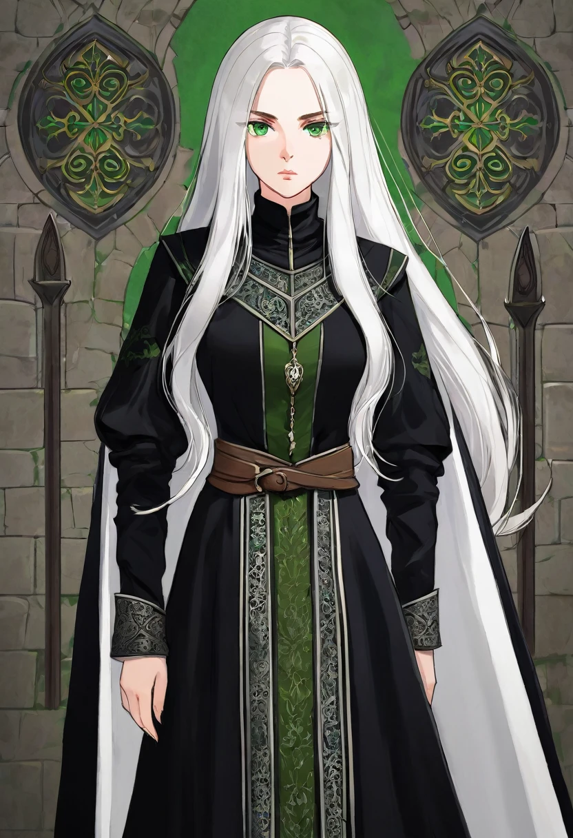 Woman with long white hair/ green eyes / with an arrogant look/ serious traits/ modest medieval black clothing.