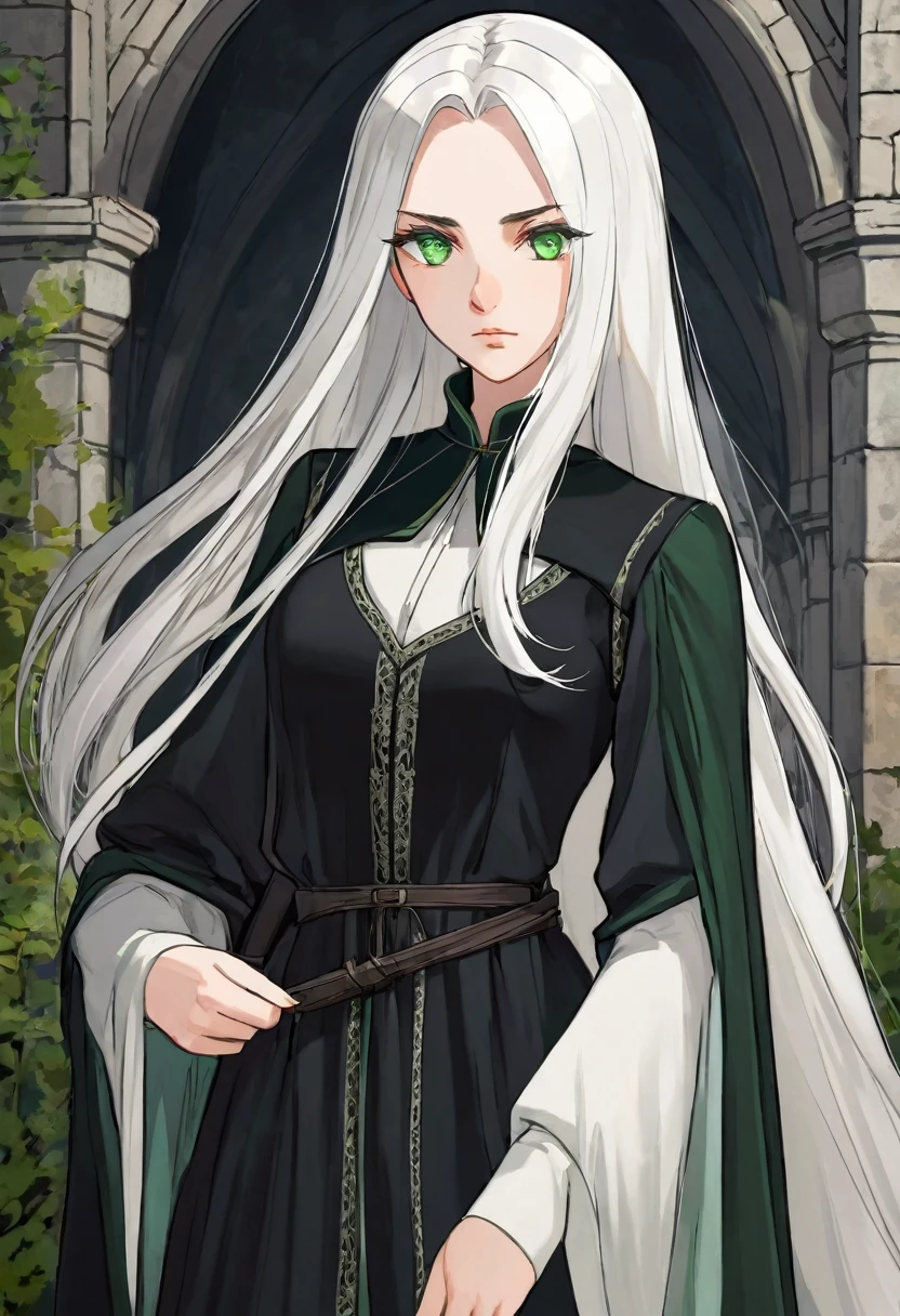 Woman with long white hair/ green eyes / with an arrogant look/ serious traits/ modest medieval black clothing.