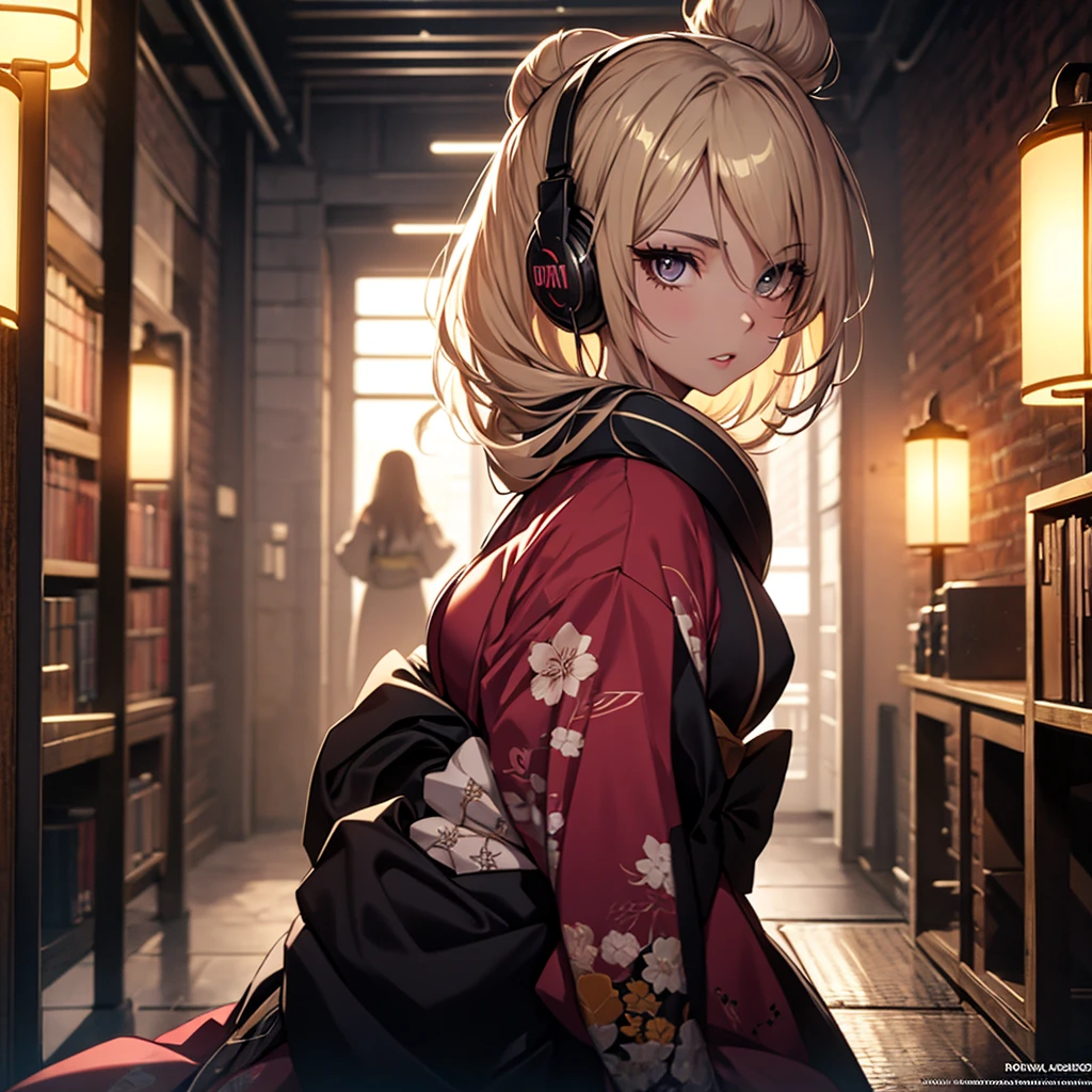 (1girl:1.3), Masterpiece, Best quality, amazing beauty, [[3D]], 4K, absurdres, finely detail, super detailed eye, perfect anatomy, official art, cinematic lighting, BREAK, Library, silky long hair, hair bun, blonde, super shiny detailed black eye, big eyes, sparkle(in the eyes), thick eyebrow, Gazing into the Distance, close-mouth, plump lips, Mascara, False eyelashes, pink lips, eyewear, Looks like fun, BREAK , big breasts, tall, slender, fair skin, sitting chair, full body, from side, BREAK , She has headphones on, BREAK,(kimono:1.3)