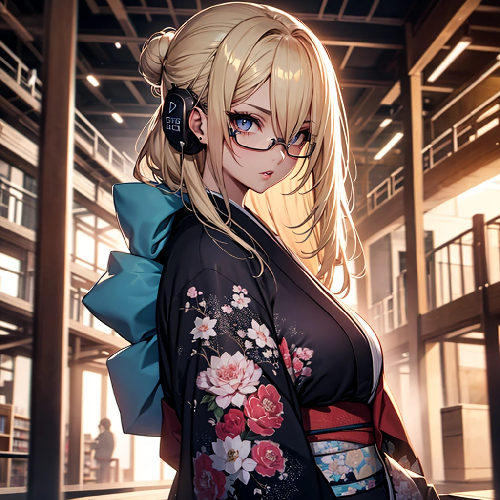 (1girl:1.3), Masterpiece, Best quality, amazing beauty, [[3D]], 4K, absurdres, finely detail, super detailed eye, perfect anatomy, official art, cinematic lighting, BREAK, Library, silky long hair, hair bun, blonde, super shiny detailed black eye, big eyes, sparkle(in the eyes), thick eyebrow, Gazing into the Distance, close-mouth, plump lips, Mascara, False eyelashes, pink lips, eyewear, Looks like fun, BREAK , big breasts, tall, slender, fair skin, sitting chair, full body, from side, BREAK , She has headphones on, BREAK,(kimono:1.3)
