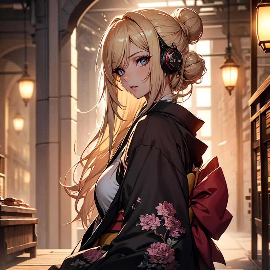 (1girl:1.3), Masterpiece, Best quality, amazing beauty, [[3D]], 4K, absurdres, finely detail, super detailed eye, perfect anatomy, official art, cinematic lighting, BREAK, Library, silky long hair, hair bun, blonde, super shiny detailed black eye, big eyes, sparkle(in the eyes), thick eyebrow, Gazing into the Distance, close-mouth, plump lips, Mascara, False eyelashes, pink lips, eyewear, Looks like fun, BREAK , big breasts, tall, slender, fair skin, sitting chair, full body, from side, BREAK , She has headphones on, BREAK,(kimono:1.3)