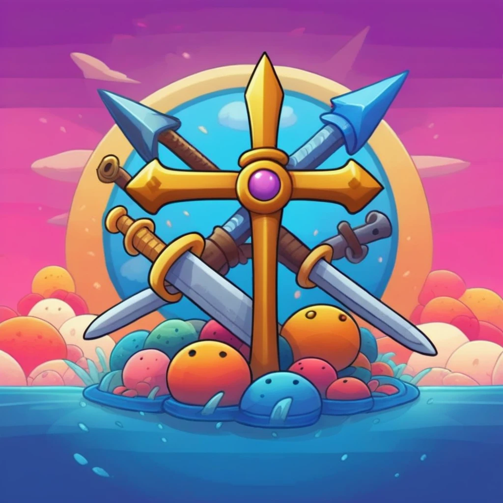 symbol, crossed sword , mobile game art, banner, detailed game art, stylized game art, game illustration, splash screen art, full card design, wallpaper!, extended art, adtime style art, saturated colorful