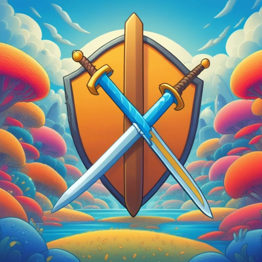 symbol, crossed sword , mobile game art, banner, detailed game art, stylized game art, game illustration, splash screen art, full card design, wallpaper!, extended art, adtime style art, saturated colorful