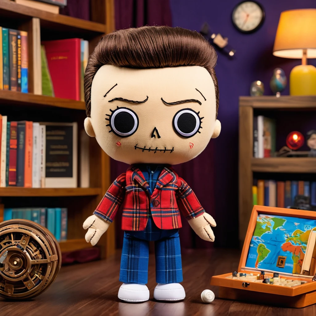 (knitted toy voodoo doll:1.7), (voodoo Sheldon Cooper from The Big Bang Theory:1.4), (Clothing: geek t-shirt with train graphic, plaid pants:1.0), (Accessories: board with scientific formulas, toy train set:1.1), (background: cluttered apartment living room with board games, science books, and cozy nerd vibe:1.2), best quality, masterpiece, detailed soft oil painting, detailed background, dramatic cinematic lighting, soft edge lighting, professional, dramatic lighting, hard edge lighting, ultra quality, 4k, masterpiece, best quality, 8k, ultra high definition, high resolution, extremely detailed