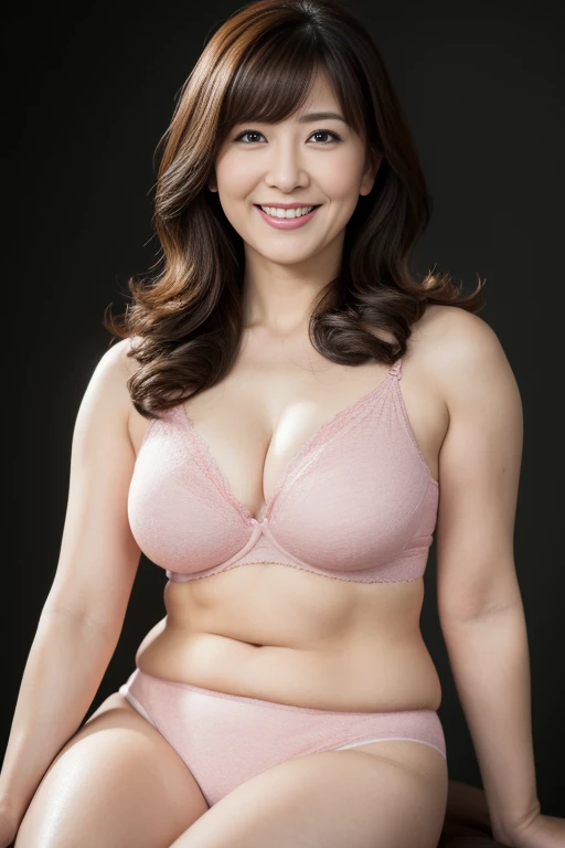Masseter Film, highest quality, masterpiece, High resolution, realism, Original photo, 8k wallpaper, perfection, Professional Lighting, Very detailed, Written boundary depth, ((Beautiful woman)), ((Sexy 43 year old woman in dark pink underwear)),, ((smile)), Detailed face, Beautiful Eyes,, bangs, She has big breasts and a nice figure, (sexy look), Brown long hair, (Thick lips), Soft thighs