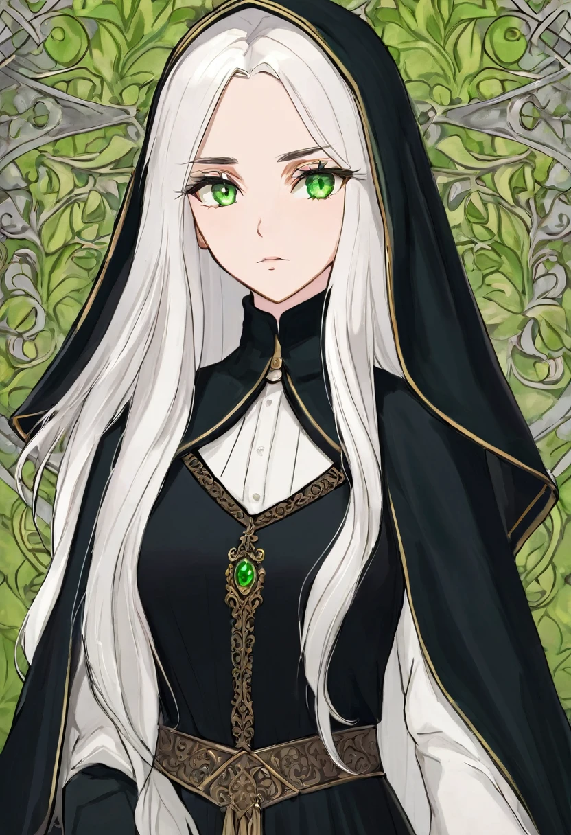 Woman with long white hair/ green eyes / with an arrogant look/ serious traits/ modest medieval black clothing.