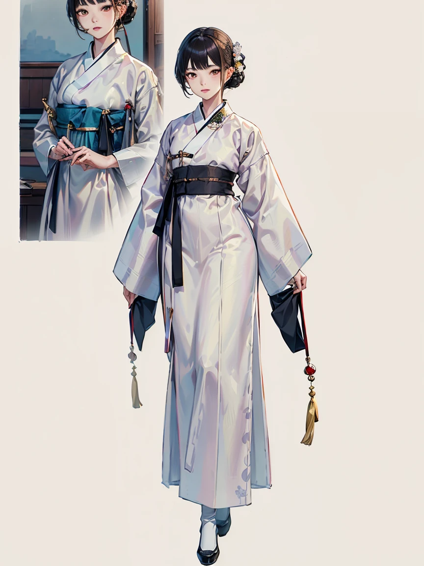 (masterpiece), (top quality), (beautiful and aesthetic), (1 woman), (1930s Korean woman), resembles Korean idol, highly detailed, A little exposure, traditional hanbok, ((full body)), portrait