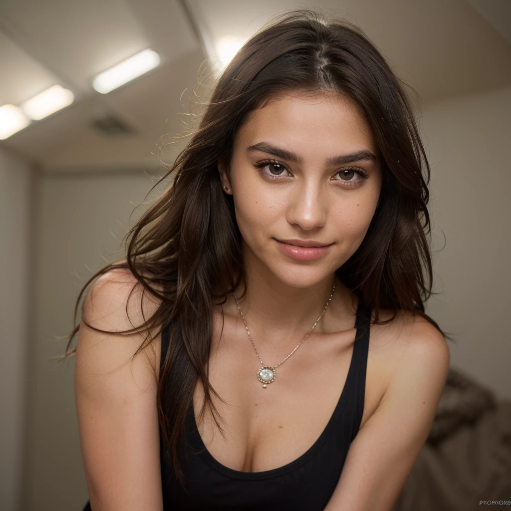 (Jewellry:1.3), very warm colors, tan skin, beautiful brunette, (high detailed face), (high detailed skin texture), (high detailed hair), (high detailed eyes), brown eyes, (long straigh dark hair), 1 girl, 20 years old, brown skin, face thin nose, photography, ultra-realistic, 8k, backlit, blak crop top, perfect teeth, fit girl, bottom-up view, shiny hair,  ((perfect hands))