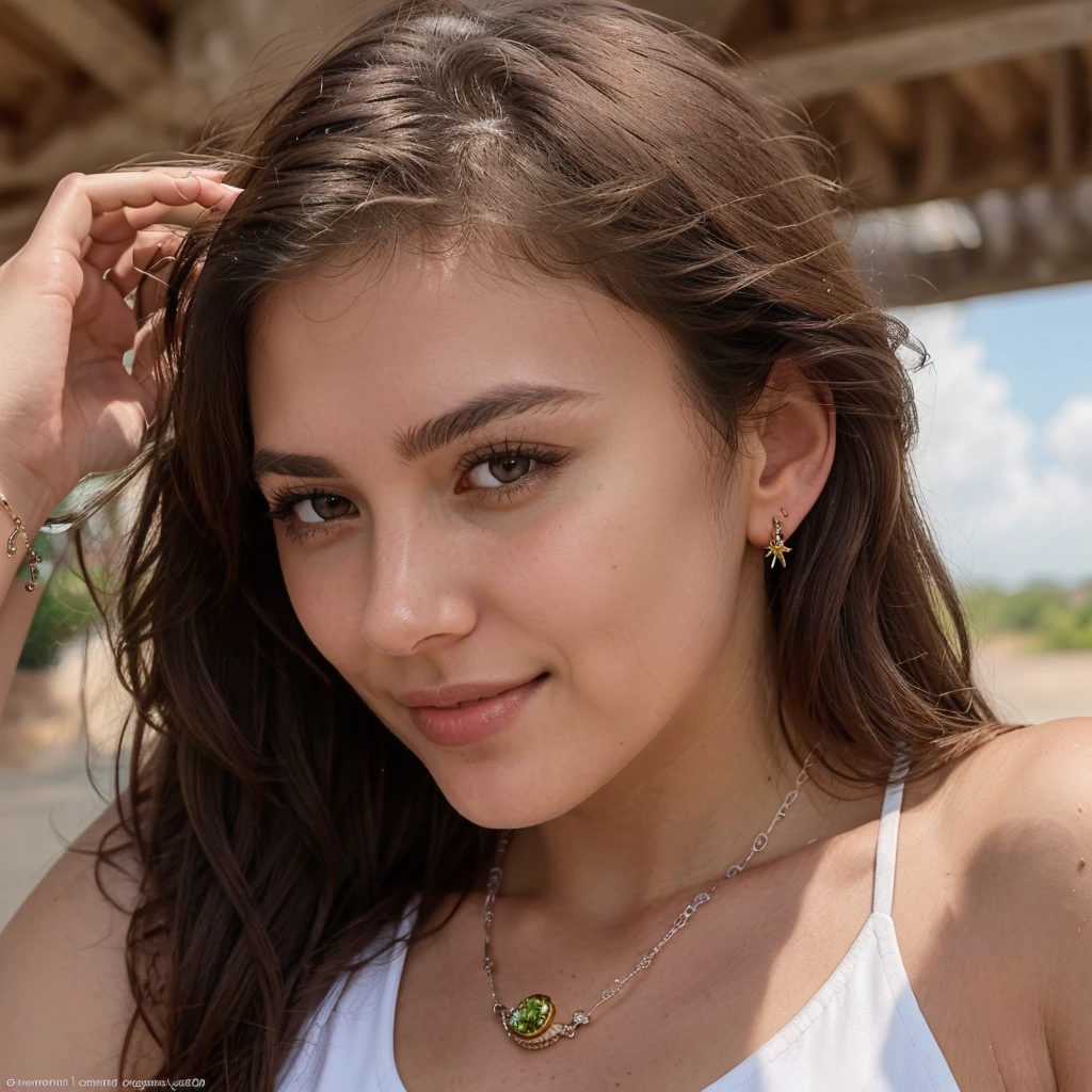 (Jewellry:1.3), very warm colors, tan skin, beautiful brunette, (high detailed face), (high detailed skin texture), (high detailed hair), (high detailed eyes), brown eyes, (long straigh dark hair), 1 girl, 20 years old, brown skin, face thin nose, photography, ultra-realistic, 8k, backlit, blak crop top, perfect teeth, fit girl, bottom-up view, shiny hair, ((perfect hands))