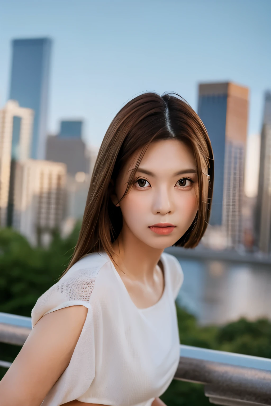 (8k, 4k, best quality, highres, ultra high res:1.1), (masterpiece, realistic, photo-realistic), 1girl, a nmixxbae, perfect eyes, cropped top, shirts, Korean style, (looking at viewer), short brown hair, perfect face, perfect body, (extremely detailed face), close up photo, ((standing against a city skyline at evening)), (rooftop) 