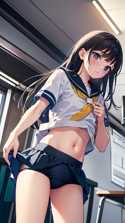 masterpiece,Highest quality,High resolution,shape,Very detailed,8k CG wallpaper,Ray Tracing,(Black Hair:1.1),((Long Hair:1.1)),(black eye:1.1),Straight hair,Medium Chest,((Lift up your skirt 1:1.5)),((Embarrassing:1.2)),((white short sleeve sailor uniform:1.2)), Classroom after school,School Swimsuit
