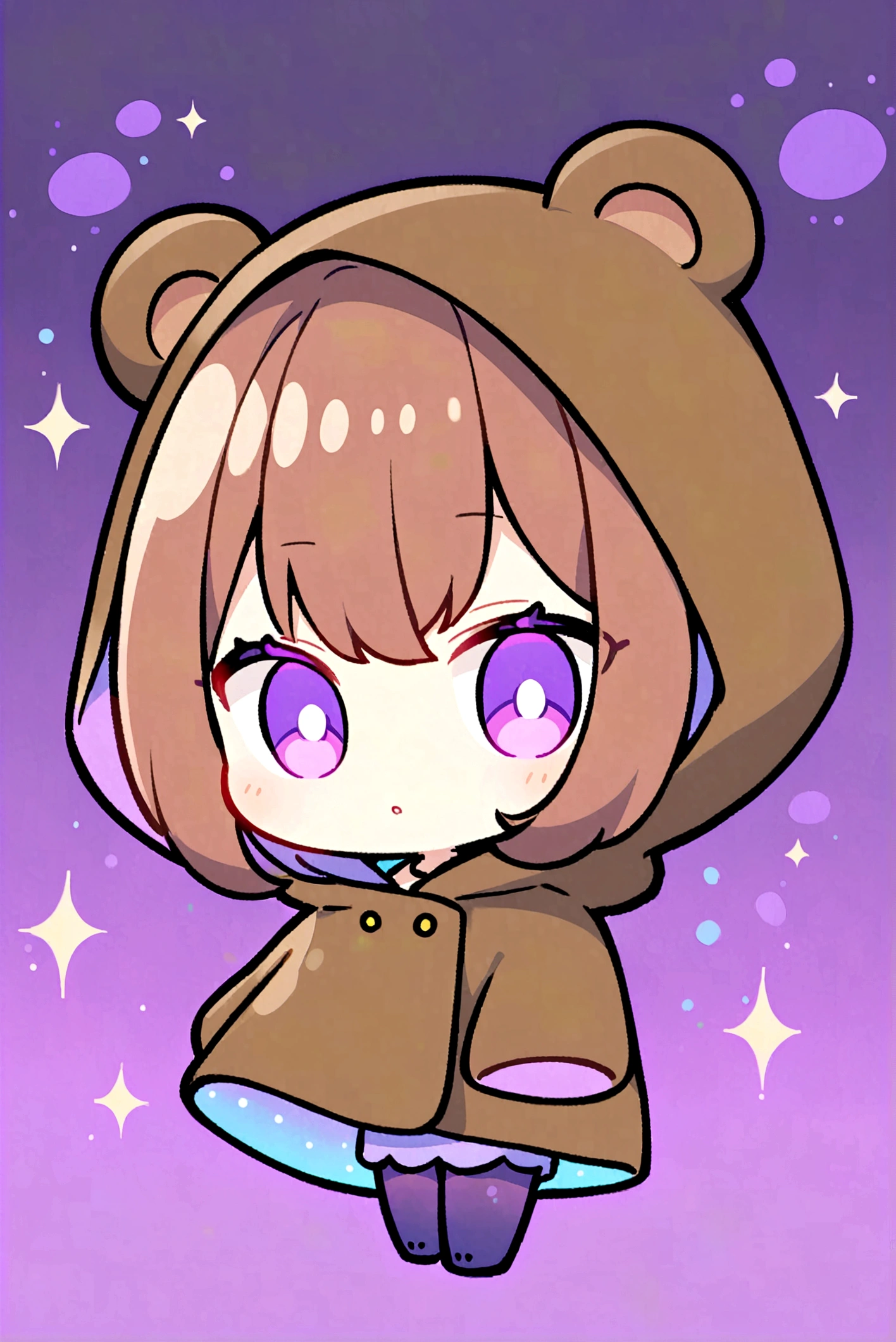 Brown Hair、Wearing a dark brown bear hood、茶髪ロングのChibi Character、Wearing a dark brown bear ear hooded blanket、Purple Eyes、Purple betta background、Chibi Character