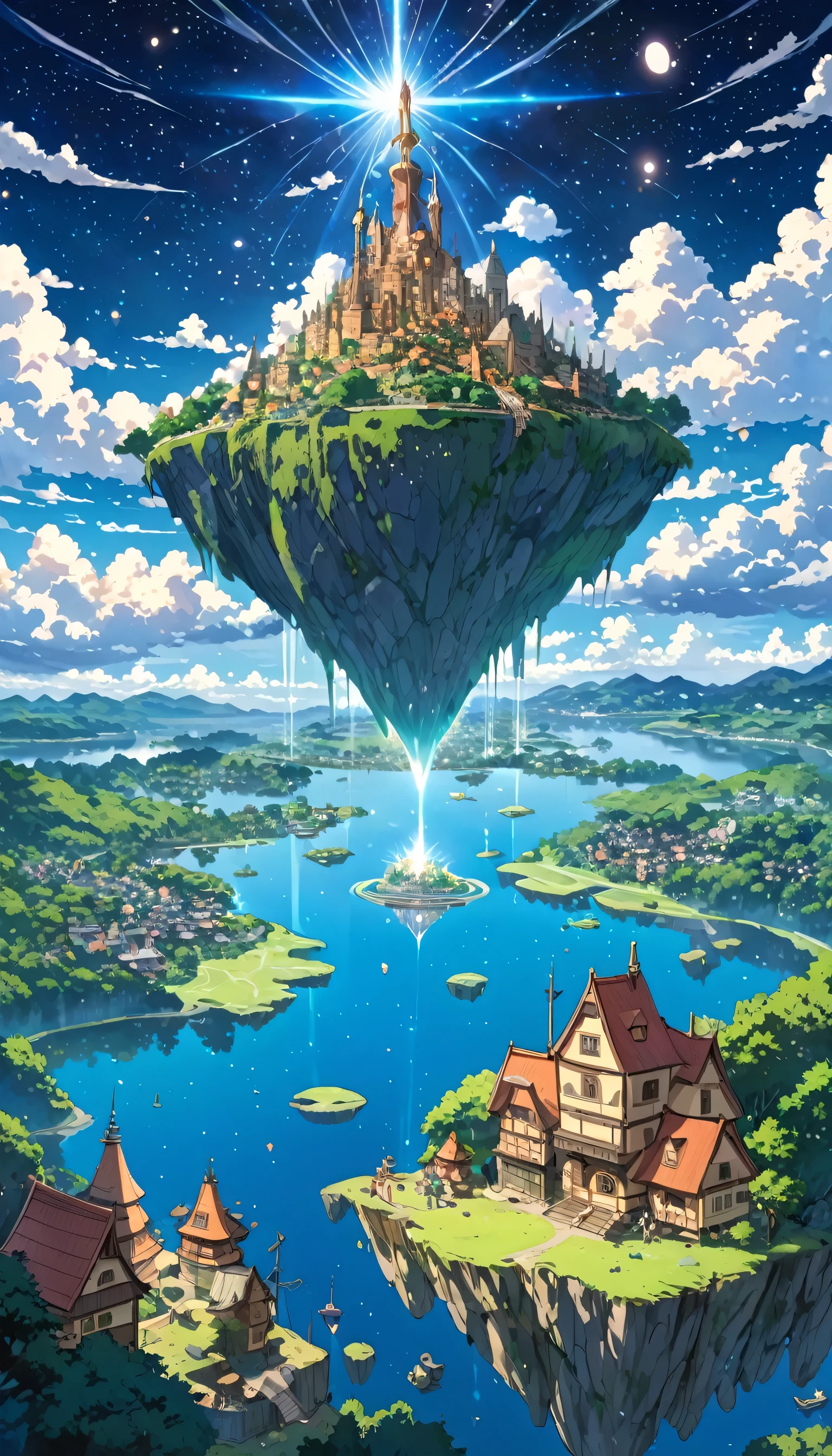 Highly detailed anime-style still images, Ghibli Studio Style, masterpiece, Official Art, Professional, ((Very detailed)), 8K,
A sparkling city, crystallization, Reflective surface, Prism light effect, The setting is a floating island surrounded by a starry sky..people々I live in