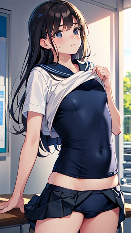 masterpiece,Highest quality,High resolution,shape,Very detailed,8k CG wallpaper,Ray Tracing,(Black Hair:1.1),((Long Hair:1.1)),(black eye:1.1),Straight hair,Medium Chest,((Lift up your skirt 1:1.5)),((Embarrassing:1.2)),((white short sleeve sailor uniform:1.2)), Classroom after school,School Swimsuit
