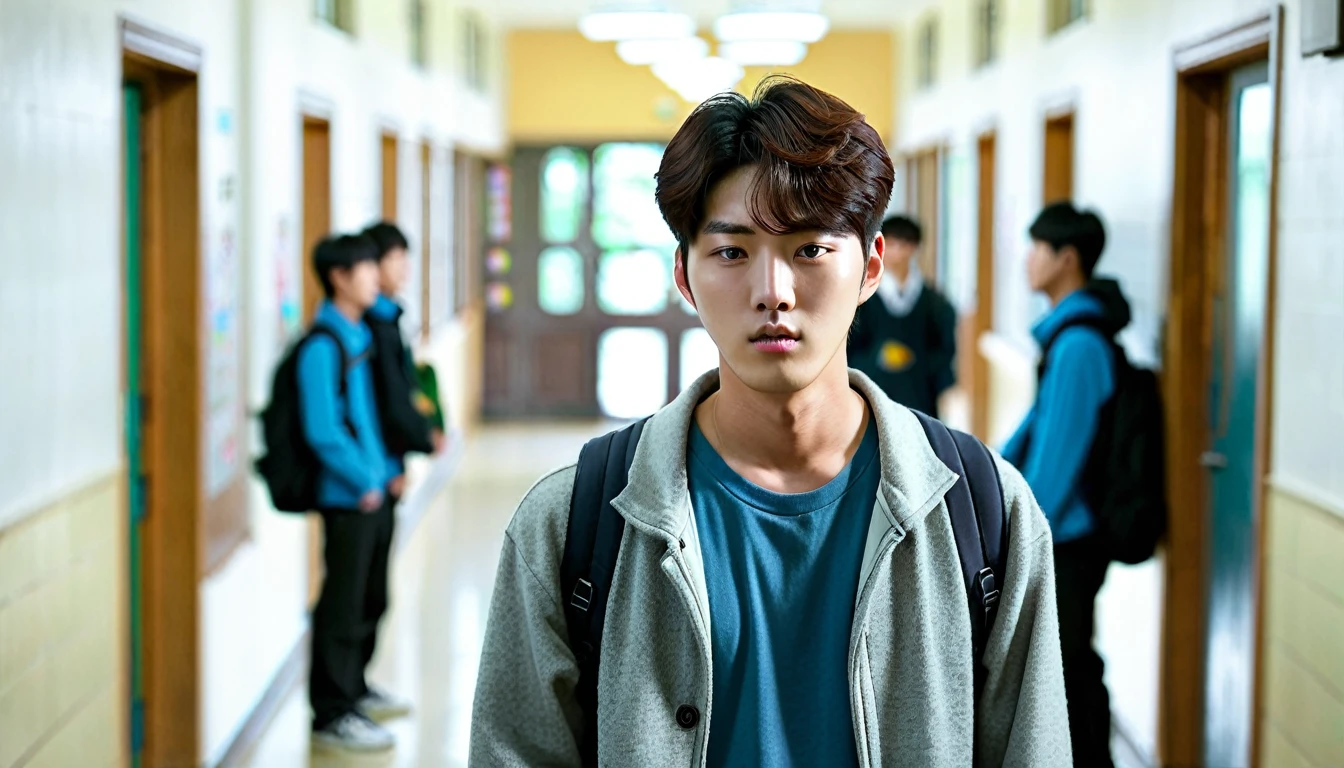 A dramatic image, a korean male student facing a group of delinquent students alone, realictic image, blurry background, in the hallway school, korean school, best image:2, best quality:2