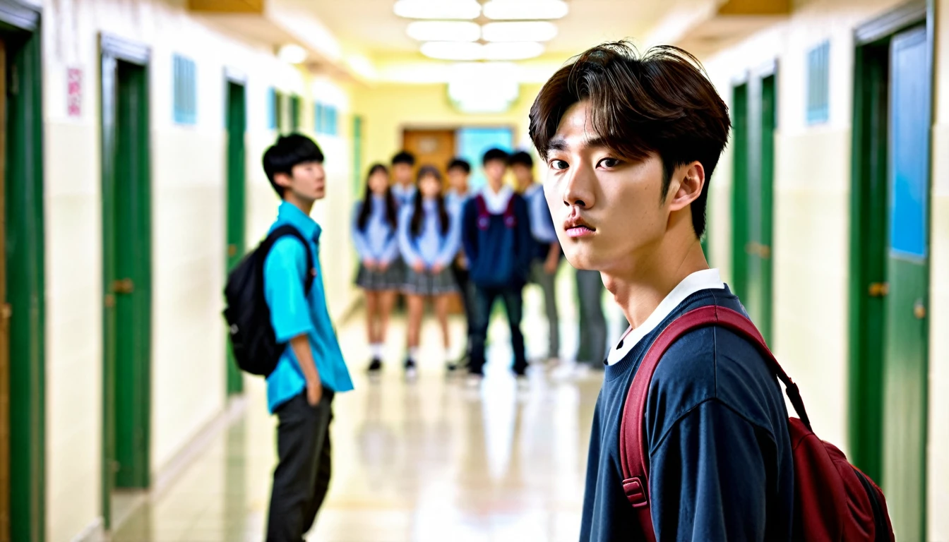 A dramatic image, a korean male student facing a group of delinquent students alone, realictic image, blurry background, in the hallway school, korean school, best image:2, best quality:2