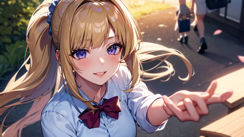 high resolution, top-quality, ultra-quality, The ultra-detailliert, perfect anatomy, lighting like a movie, lips, a beautiful young woman (Kei Karuizawa ) Woman, blonde hair, ponytail hairstyles, violet eyes, wearing formal, walking in a park. smirk on face, a bag with magazines, libero, light pink lipstick, happy looking