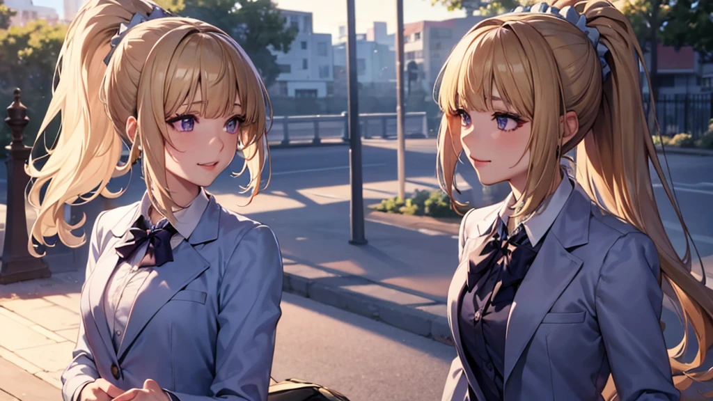 high resolution, top-quality, ultra-quality, The ultra-detailliert, perfect anatomy, lighting like a movie, lips, a beautiful young woman (Kei Karuizawa ) Woman, blonde hair, ponytail hairstyles, violet eyes, wearing formal, walking in a park. smirk on face, a bag with magazines, libero, light pink lipstick, happy looking