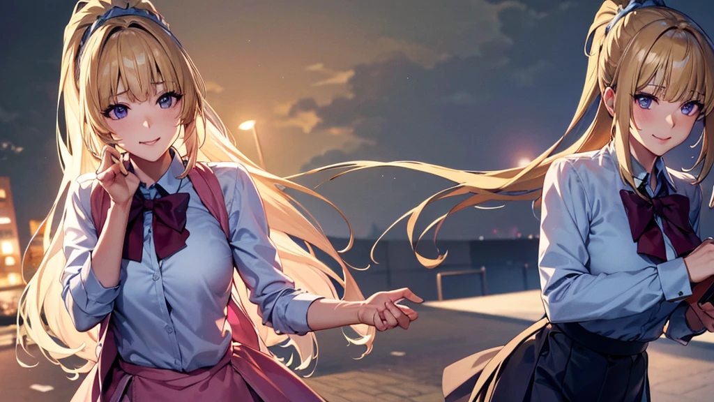 high resolution, top-quality, ultra-quality, The ultra-detailliert, perfect anatomy, lighting like a movie, lips, a beautiful young woman (Kei Karuizawa ) Woman, blonde hair, ponytail hairstyles, violet eyes, wearing formal, walking in a park. smirk on face, a bag with magazines, libero, light pink lipstick, happy looking
