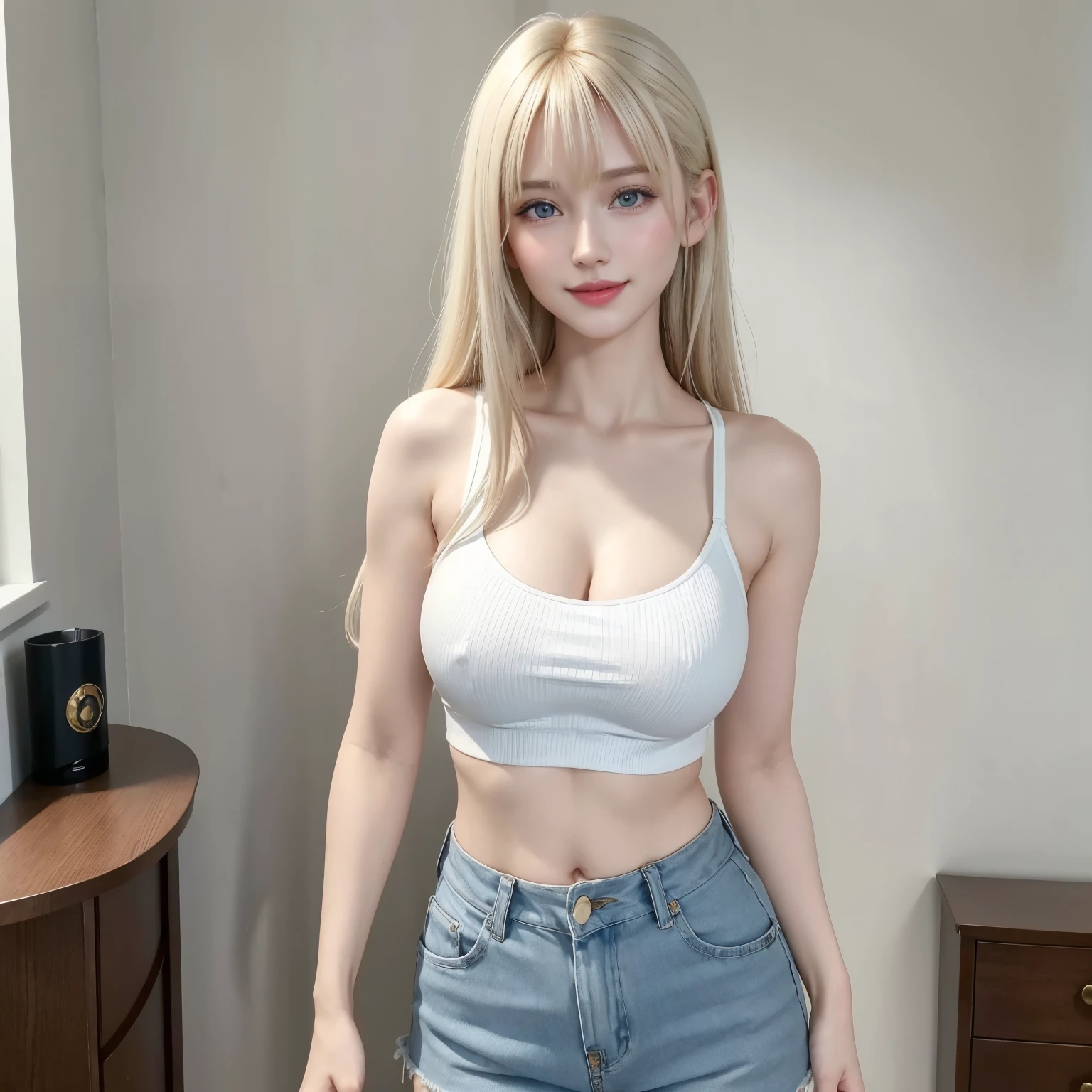 (Best quality, masterpiece, detailed), (RAW, 4k, hd images), 1 girl, , white skin, bright and dazzling blonde hair, long bangs between the eyes, hair buns, beatutiful face, perfect face, cute face, glowing pale blue eyes, thin pink lips, lipsticks, detailed features of face design, perfect body, perfect breast, round breast, smile, thigh, legs, indoors, white tshirt, blue short pants, full body, standing, photo on middle facing camera, white wall backgrou8nd, cleavage