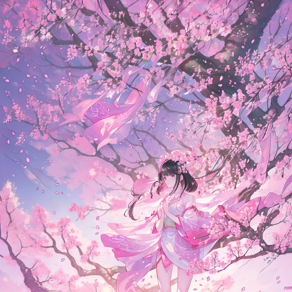 Pink straight hair，Wearing pale pink Han national costume，Holding a branch of cherry blossoms，background, Beautiful cherry blossom trees are in full bloom，She is a kind person, cute, Slender and cute girl
