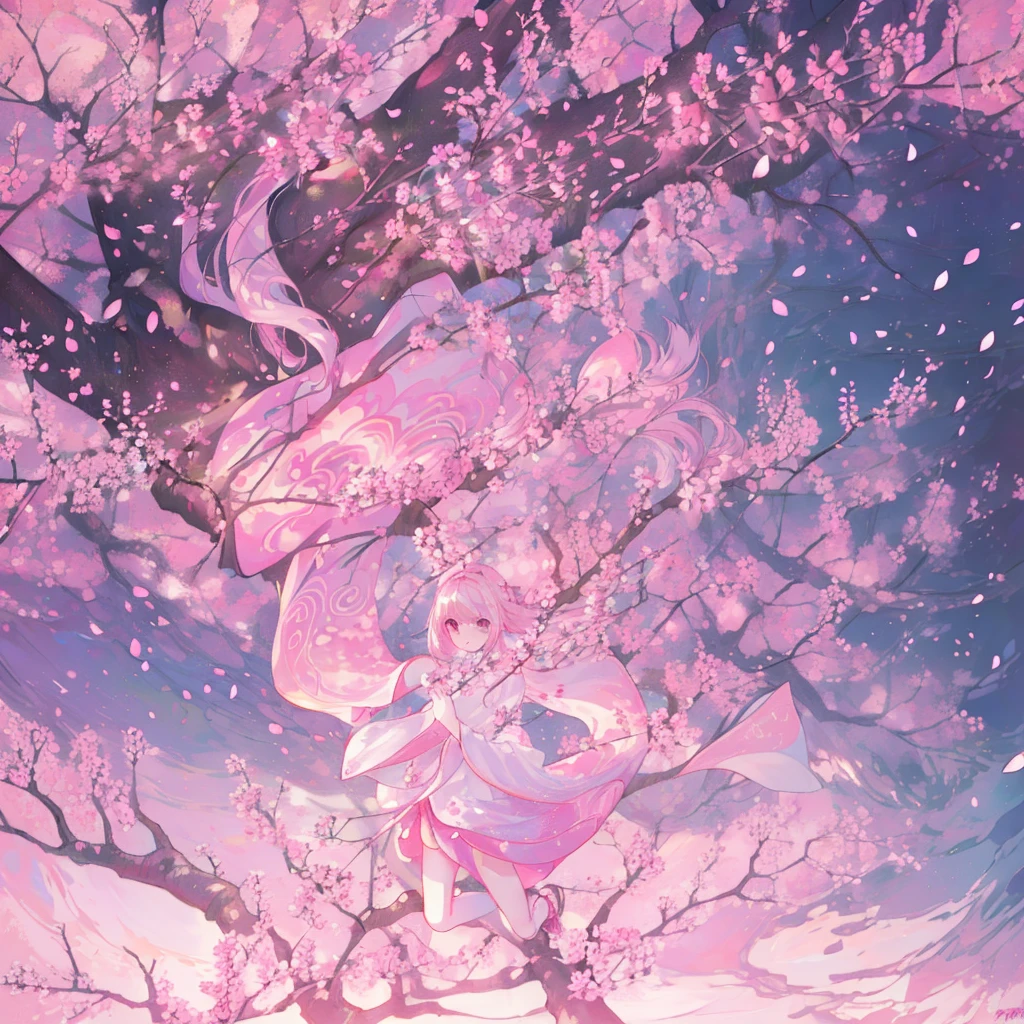 Pink straight hair，Wearing pale pink Han national costume，Holding a branch of cherry blossoms，background, Beautiful cherry blossom trees are in full bloom，She is a kind person, cute, Slender and cute girl