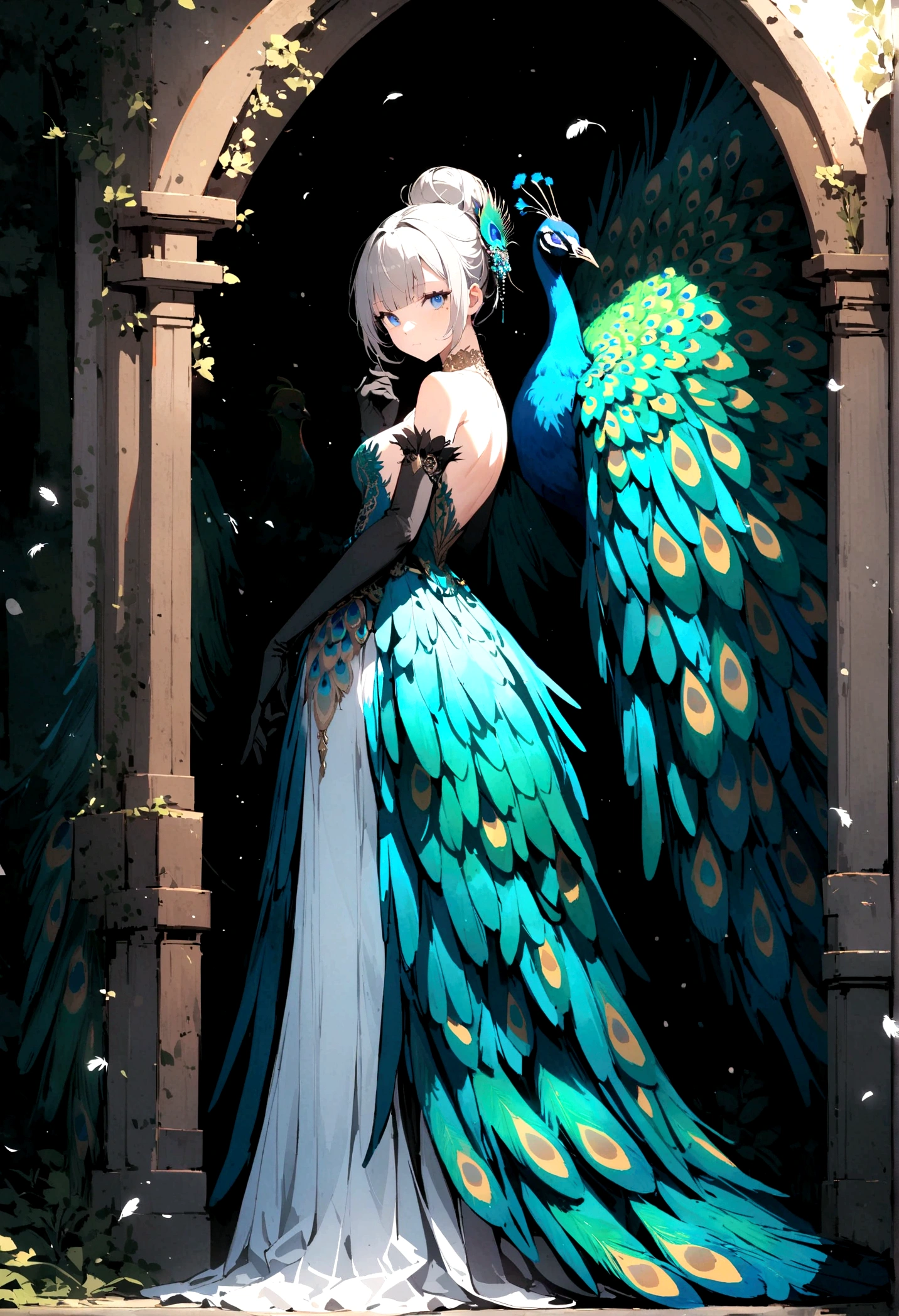 peacock, 1girl, solo, dress, gloves,feather dress, looking at viewer, hair ornament, elbow gloves, blue eyes, looking back, full body, standing, hair bun, bare shoulders, long dress, single hair bun, black gloves, flower, bangs, grey hair, closed mouth From the waist down, the skirt is made of peacock feathers,(Do not allow peacock anima)
