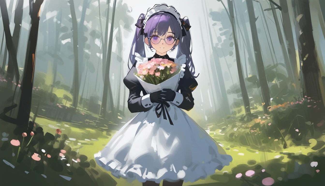 Ciloranko,  wlop, 1girl,  独奏,  flower,  bouquet,  purple eyes,  maid headdress,  looking at viewer,  maid,  apron,  full body, long hair, twintails,  holding,  white background,  long sleeves,  holding bouquet,  dress,  bow,  juliet sleeves,  puffy sleeves,  blush,  Spring Flowering Forest, parted lips,  frills,  ribbon,  two side up,  hair bow,  maid apron one girl, super high quality, Super Detail, Super Detailed image, long hair, looking at viewer, skirt, shirt, hair ornament, violet eyes,black gloves, round glasses, long sleeves,violet hair, round glasses, Flat Chest, smile