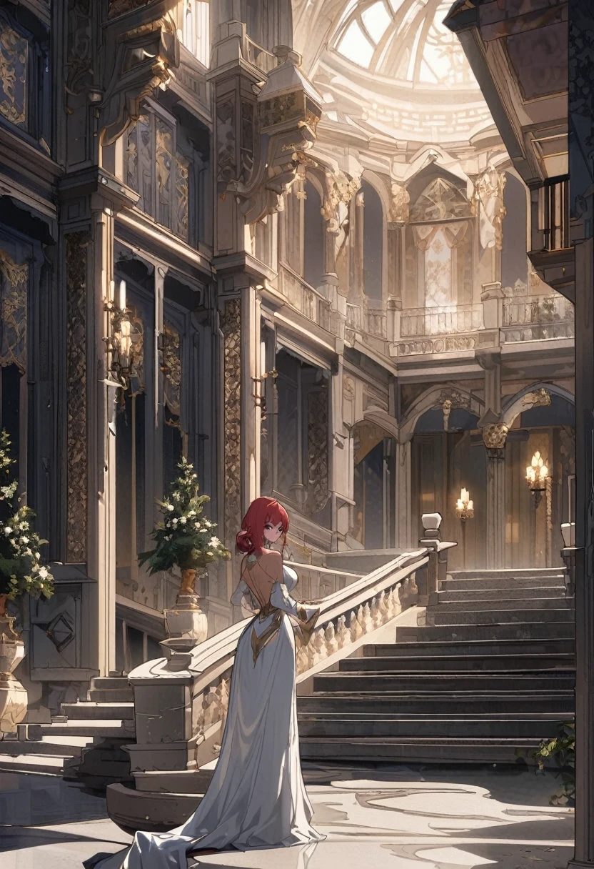1 character a 27 year old woman with red hair lightskin skin and light purple eyes, Panel 1: Wide shot of a grand mansion under the moonlight. The architecture is elegant and timeless. Manhwa style.