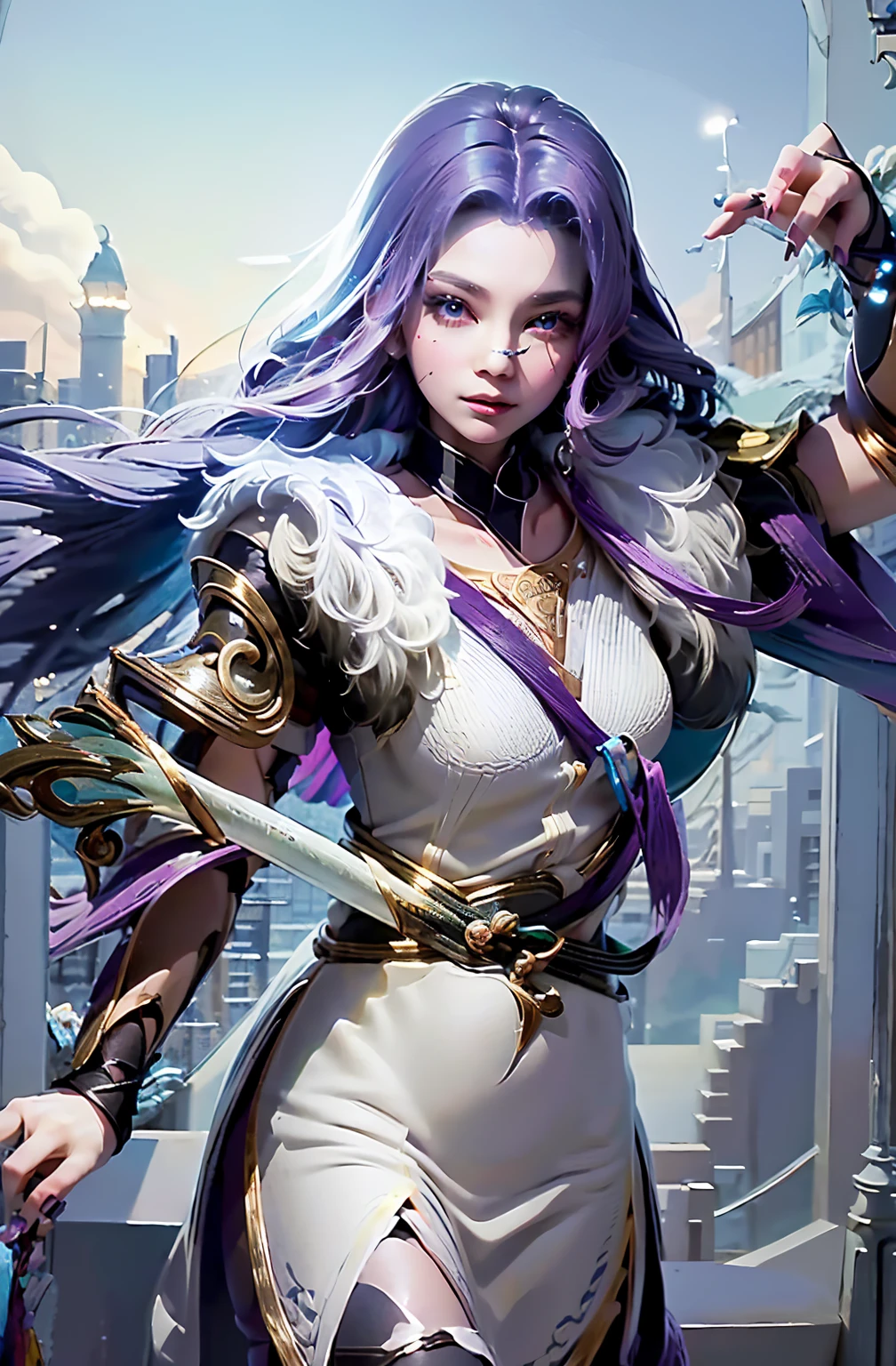 (detailed background), masterpiece, best quality, Mobile_Legends_Alice, blunt_bangs, thigh_highs, pink_eyes,
 (Realistic painting style:0.9), masterpiece, ((Best quality)), absurdres, looking at viewer, no pupils,(( detailed eyes)), alternate costume, 1girl, , golden eyes, solo,white hair , black hair, multicolor hair, bow, purple bow, shirt, white shirt, looking at viewer, bangs, skirt, blue eyes, bowtie, multicolored hair, long hair, frills,
blush,collared shirt, black bowtie, hair bow, standing, black skirt, bow-shaped hair, blunt bangs, smile, sidelocks, blue bow, shirt tucked in, sleeves rolled up, center frills, gradient hair, dress shirt, light particles, blue hair, big breasts ,twintail, gothic clothing, gothic dress, mini skirt, outdoor, castle, cloud, multicolor clothing, gothic apron, garden flower,  cute face, wielding a katana, gothic ****ta, 