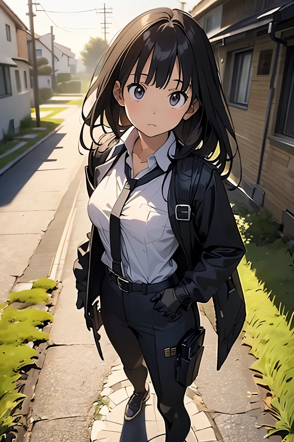 Highest quality, masterpiece, Ultra-high resolution, (realism: 1.4), Oil painting style, Cinema Lighting, An endless grassland dotted with a few houses, I stood on the empty asphalt road and looked at it., Fairy Mountain々was shrouded in mist, And the suspenders with the cranes flying　　　Moderate breasts　 　 　　　　Small face　 　　　holster　　　Beautiful woman　　　　 Lying in bed　Looking up　　　　Sweat 　　　belt　summer　脇Sweat 　Black Hole Gloves　suit　shirt　　Black jacket　 Black trousers　Leg Links　ズボンにbelt　　holster　Nipples showing through clothes, caught　Both hands above the head　Hands behind your back　mask