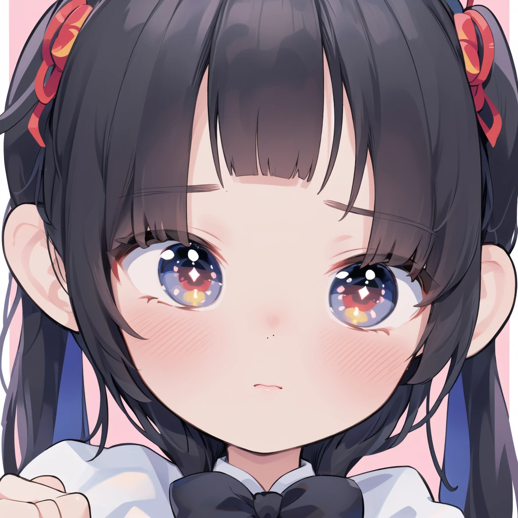 ((Highest quality)), ((masterpiece)), (detailed), Fine Lines, (Big eyes, Droopy eyes, Lower eyelid corners droop), (Black Hair, half twintail, Long Hair, blunt bangs), ribbon, Frills, Pastel feel, Face close-up, One girl,