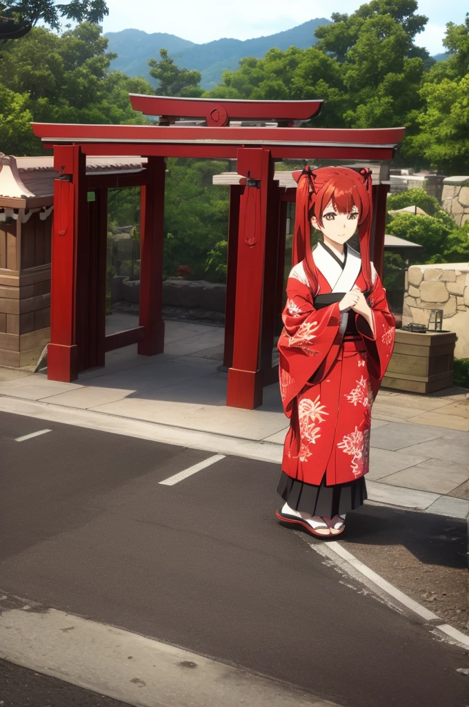 4K, 4K resolution、female、Twin tails、kimono、Red Hair、shrine