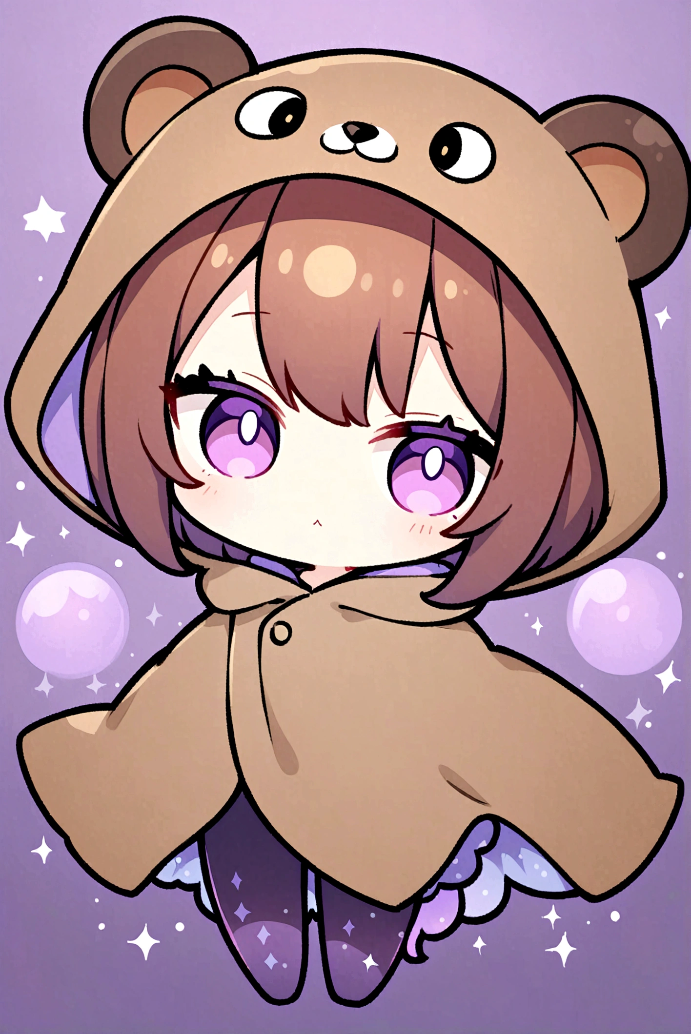 Brown Hair、Wearing a dark brown bear hood、茶髪ロングのChibi Character、Wearing a dark brown bear ear hooded blanket、Purple Eyes、Purple betta background、Chibi Character