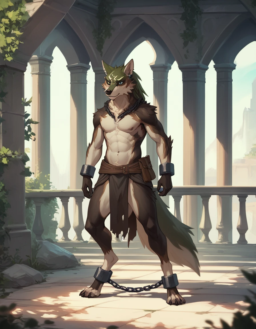 score_9, score_8_up, score_7_up, solo,
wlflnk, animal focus, anthro, full body, furry, furry male,
scenery, chain attached to metal shackle,