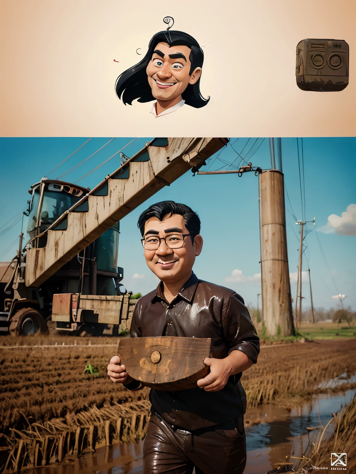 cartoon man walking through a muddy field with a large axe, caricature illustration, farmer, japanesse farmer, caricature style, cartoon portrait, cartoon digital painting, caricature, official illustration, cartoon digital art, in cartoon style, inspired by Rudy Siswanto, inspired by I Ketut Soki, potrait, digital cartoon painting art, digital art cartoon, cartoon artstyle