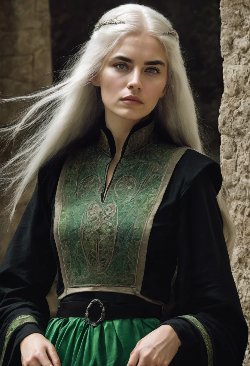 Woman with long white hair/ green eyes / with an arrogant look/ serious traits/ modest medieval black clothing.