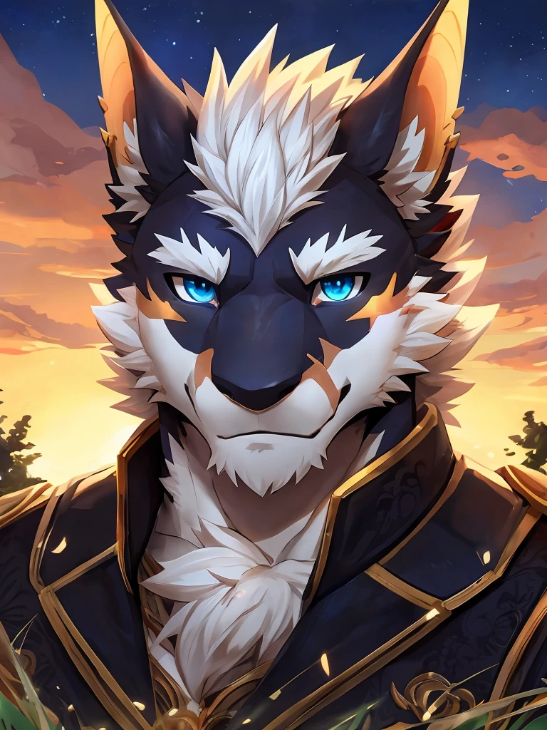 A richly detailed portrait，Depicts a mature male black dragon with striking blue eyes, on the grass，The quiet golden sunset, Dragon has scars on his face，The left ear is missing, its white fur soft and luminous, Exudes wisdom and handsomeness, Pay great attention to the subtle details of the eyes, fur, and facial features, Presented in the highest quality, Carefully crafted by artist sollyz, zixiong, and null_ghost