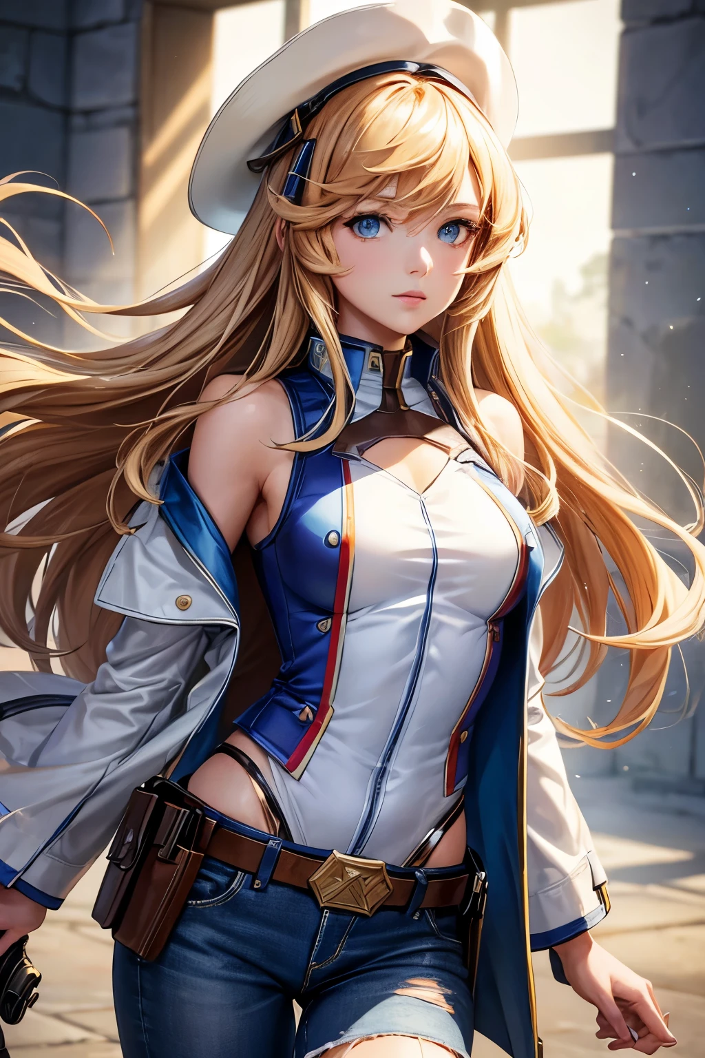 1 girl, masterpiece, macross delta splash art, best quality, White vest, diaphragm, Short blue jeans, Small Breasts, Cowboy hat, hip holster, Very detailed gun, realistic gun, Colt Peacemaker in hand, gun aimed forward, Sheriff badge, bullets in belt, brown leather duster, Leather coat, delicate eyes, Bright Eyes, beautiful hands, Highly delicate hands, Straight Hand, shiny skin, shiny hair, blue eyes, Light blonde hair, High target, long hair, Straight Hair, whole body, American flag