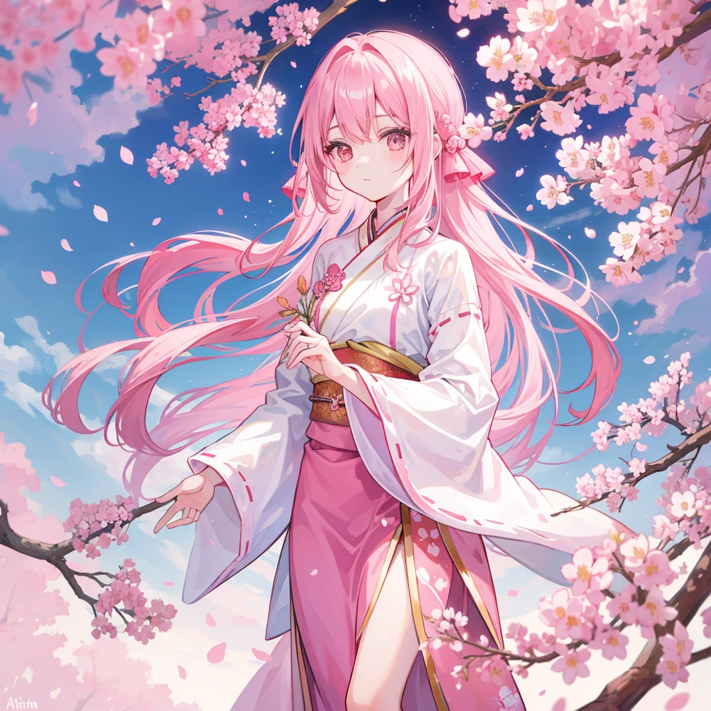 Pink straight hair,Wearing pale pink Han national costume,Holding a branch of cherry blossoms,background, Beautiful cherry blossom trees are in full bloom,She is a kind person, cute, Slender and cute girl