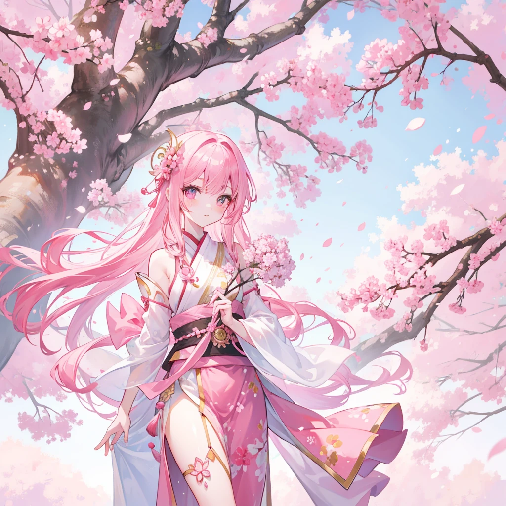 Pink straight hair,Wearing pale pink Han national costume,Holding a branch of cherry blossoms,background, Beautiful cherry blossom trees are in full bloom,She is a kind person, cute, Slender and cute girl