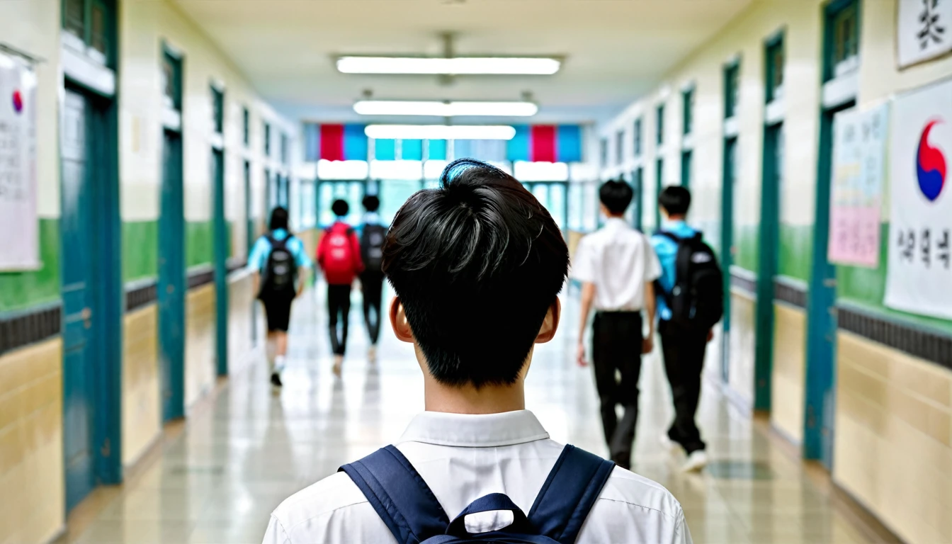 A dramatic image, a korean male student from behind, he is facing a group of delinquent students alone, realictic image, blurry background, in the hallway school, korean school, best image:2, best quality:2