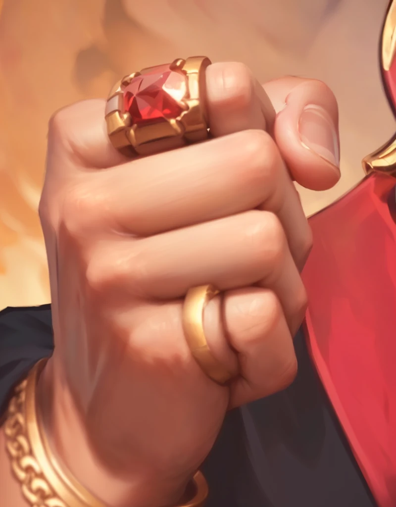 there is a man holding a ring with a red stone on it, heavy gesture style closeup, closeup of fist, extreme hand detail, character art closeup, fisting monk, large fists, point finger with ring on it, extra detail, ultra detail. digital painting, closeup of hand, elder ring, hyper detail portrait, 8k detail, 8 k detail