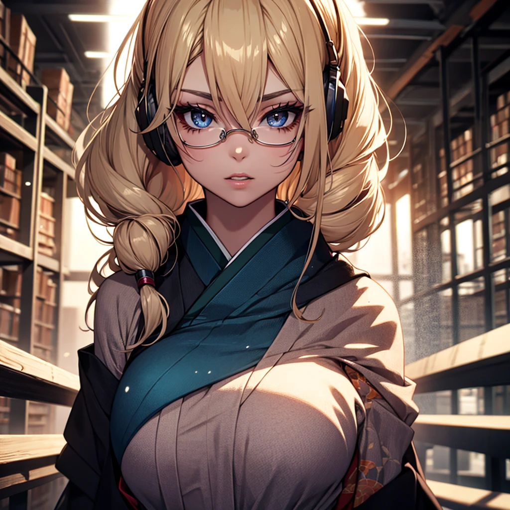 (1girl:1.3), Masterpiece, Best quality, amazing beauty, [[3D]], 4K, absurdres, finely detail, super detailed eye, perfect anatomy, official art, cinematic lighting, BREAK, Library, silky long hair, hair bun, blonde, super shiny detailed black eye, big eyes, sparkle(in the eyes), thick eyebrow, Gazing into the Distance, close-mouth, plump lips, Mascara, False eyelashes, pink lips, eyewear, Looks like fun, BREAK , big breasts, tall, slender, fair skin, sitting chair, full body, from front, BREAK , She has headphones on, BREAK,(kimono:1.3)