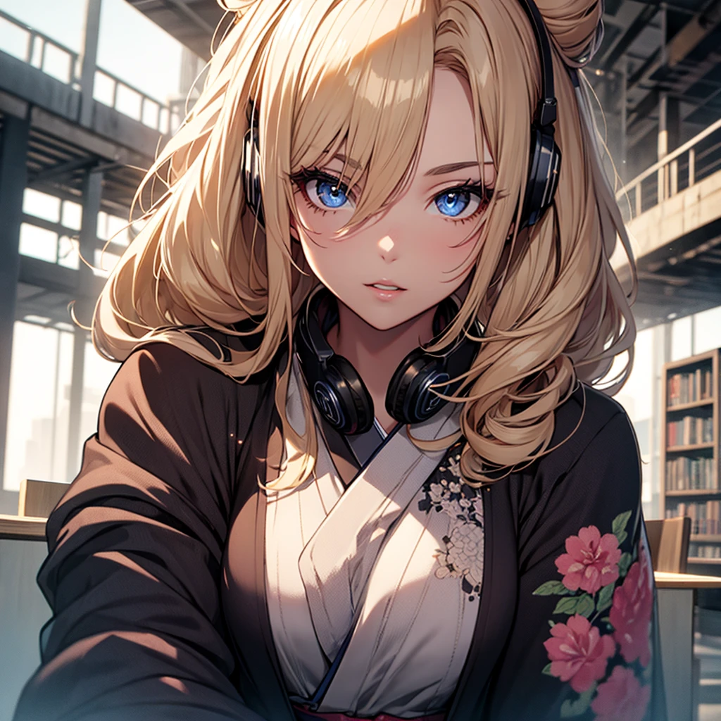 (1girl:1.3), Masterpiece, Best quality, amazing beauty, [[3D]], 4K, absurdres, finely detail, super detailed eye, perfect anatomy, official art, cinematic lighting, BREAK, Library, silky long hair, hair bun, blonde, super shiny detailed black eye, big eyes, sparkle(in the eyes), thick eyebrow, Gazing into the Distance, close-mouth, plump lips, Mascara, False eyelashes, pink lips, eyewear, Looks like fun, BREAK , big breasts, tall, slender, fair skin, sitting chair, full body, from front, BREAK , She has headphones on, BREAK,(kimono:1.3)